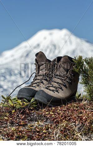 Trekking Boots On Background Volcano