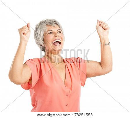 Happy old woman with both arms on the air, isolated on a white background
