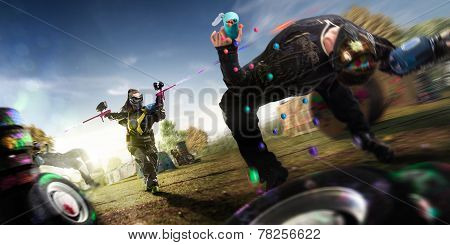 Painball team in action. Woman team win