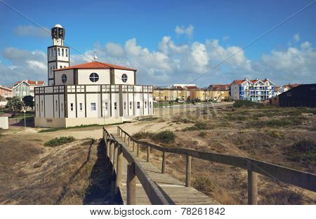 Costa Nova church. View from ocean beach.