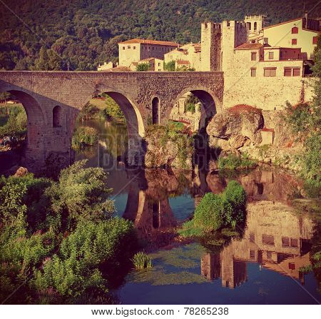Medieval town with bridge. Besalu,  Spain