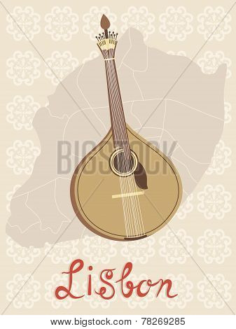 Tipical portuguese fado guitar over Lisbon map and azulejo tiles background