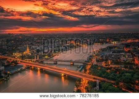 River, Wat, Temple, Pagoda And Vintage Bridge