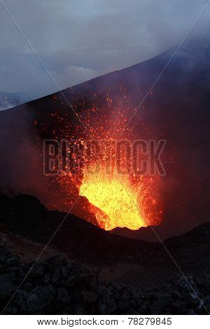 Eruption Tolbachik Volcano: Fountain Lava From Volcano. Kamchatka