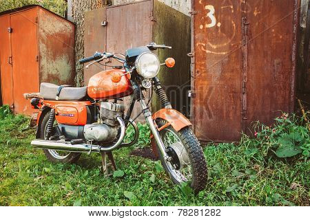 Vintage Red Motorcycle Generic Motorbike In Countryside