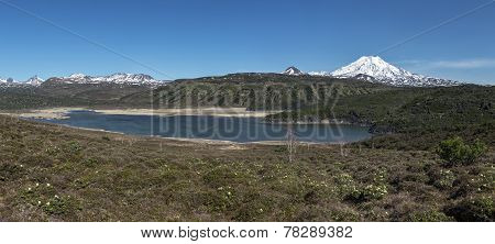 Panorama: The Nature Of Kamchatka: View Of Mountain Lake And Volcano