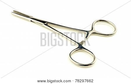 Macro Closeup Of Stainless Steel Hemostat Forceps Isolated On White Background