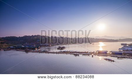 Wooden bridge and raft