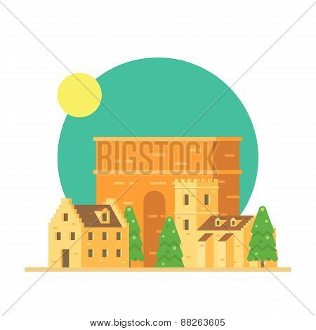 Flat Design Of Trajan's Arch Italy With Village