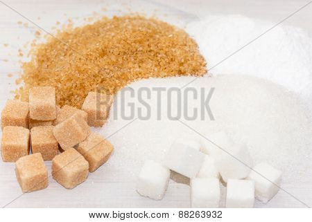 Brown, white and refined sugar