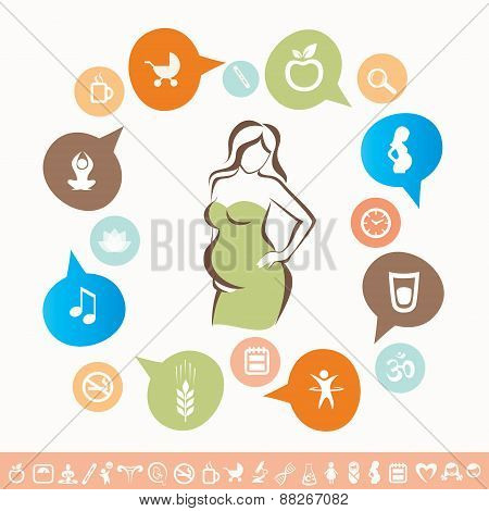 Pregnant Woman Infographics And Icons Set, Healthy Lyfestyle