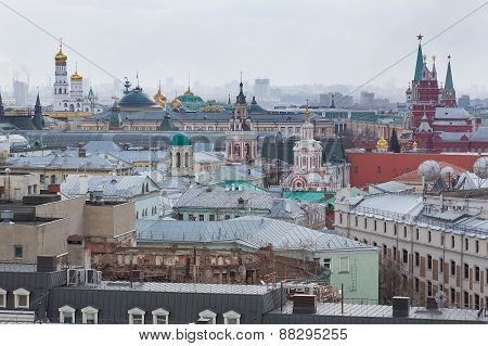 Panoramic view of the building from the roof of Moscow in cloudy weather during the day