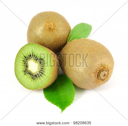 Kiwi fruits with leafs isolated on white