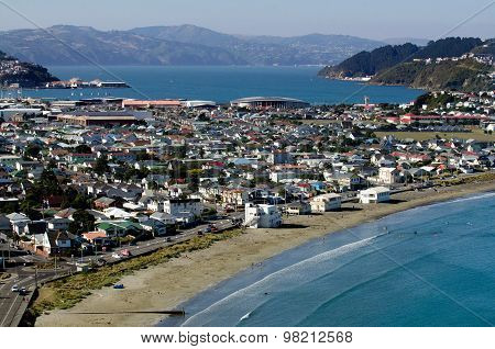 Aerial view of Lyall Bay in Wellington CBD. North Island New Zealand.