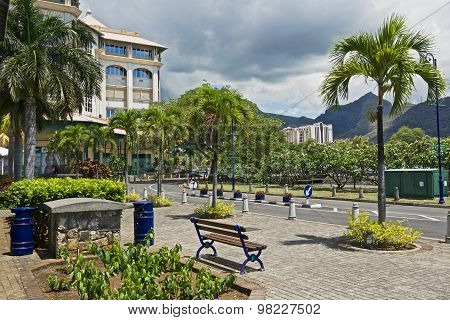 View to the Caudan waterside street in Port Louis, Mauritius.
