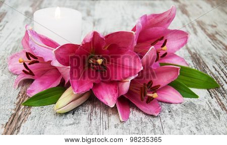 Pink Lily Flower And Candle