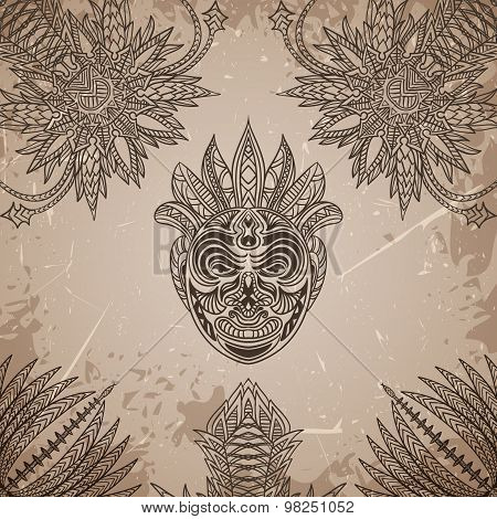 Vintage poster with Tribal mask on the grunge background over ornate pattern. Retro hand drawn vecto