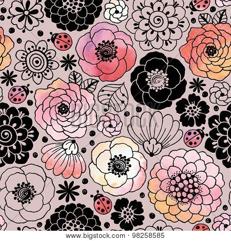Romantic black silhouettes of flowers and ledybird with watercolor texture, vector seamless pattern.