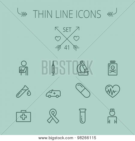 Medicine thin line icon set for web and mobile. Set includes- heart with cardiogram, lady nurse, first aid kit, capsule, syringe, test tube, unity ribbon, ambulance icons. Modern minimalistic flat