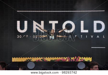 Tehnician Setting The Stage Lights Before A Concert