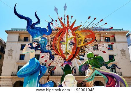 Alicante Spain - June 20 2017: The Bonfires of Saint John holiday in the Alicante city. Decorations are structures made of cardboard wood or cork which are exhibited in the streets of Alicante during the festival and are set on fire on the last day of the