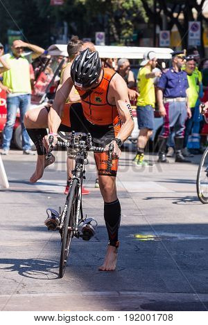 Pescara Italy - June 18 2017: Athlete starts the bicycle test at Pescara's Ironman 70.3