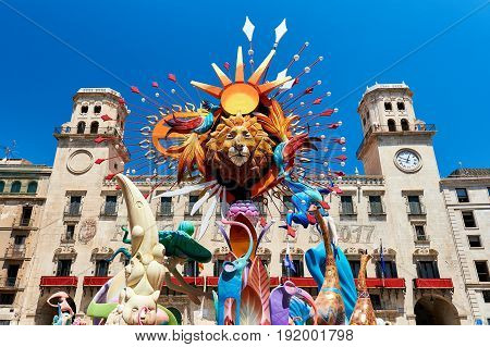 Alicante Spain - June 20 2017: The Bonfires of Saint John holiday in the Alicante city. Decorations are structures made of cardboard wood or cork which are exhibited in the streets of Alicante during the festival and are set on fire on the last day of the