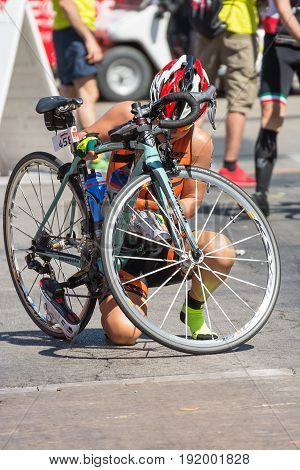 Pescara Italy - June 18 2017: Athlete starts the bicycle test at Pescara's Ironman 70.3