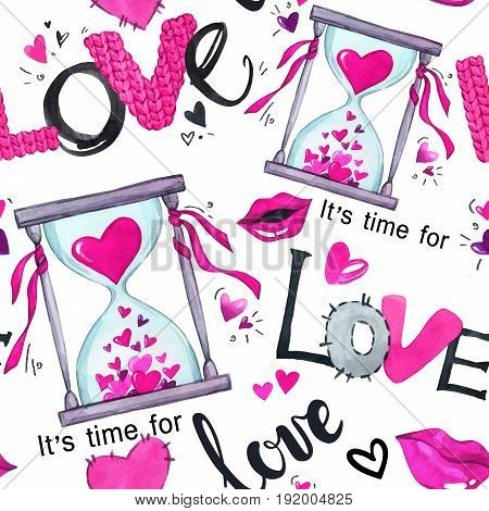 Valentines Day seamless pattern. Watercolor hourglass with hearts , love words and lips. Modern romantic background for holiday card, postcard, gift wrapping paper. Hand painted love illustration.