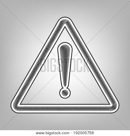 Exclamation danger sign. Flat style. Vector. Pencil sketch imitation. Dark gray scribble icon with dark gray outer contour at gray background.
