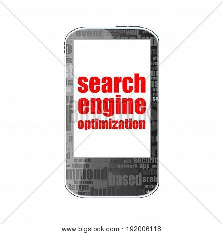 Search Engine Optimization Text. Information Concept . Detailed Modern Smartphone Isolated On White
