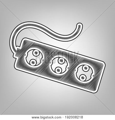 Electric extension plug sign. Vector. Pencil sketch imitation. Dark gray scribble icon with dark gray outer contour at gray background.