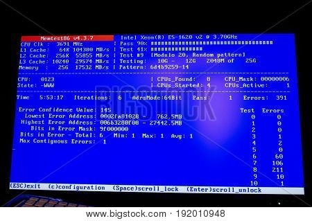 PARIS FRANCE - OCT 21 2016: Testing of RAM Random Access Memory of a Personal Computer Workstation as seen on a computer display - counting the patterns and the testing all the RAM algorithm