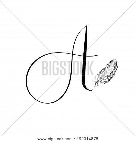 Hand drawn lettering letter A in modern calligraphy style. Boho art print with decorative feathers. Perfect for invitations, greeting cards, quotes and more.