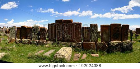 Stone slabs aha khachkar in Noratus cemetery Armenia