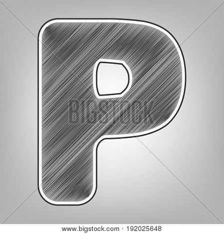 Letter P sign design template element. Vector. Pencil sketch imitation. Dark gray scribble icon with dark gray outer contour at gray background.