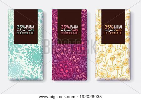 Vector Set Of Chocolate Bar Package Designs With Modern Pastel Floral Patterns. Rectangle frame. Editable Packaging Template Collection. Packaging and Surface pattern design.