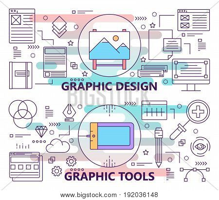 Vector set of banners with graphic design and graphic tools concept templates. Modern thin line flat design elements, symbols, icons for website menu.