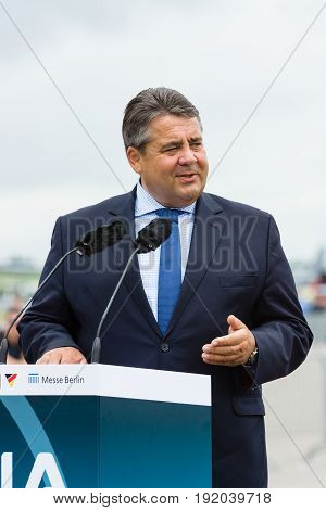 BERLIN GERMANY - JUNI 01 2016: Speech by Sigmar Gabriel Minister for Economic Affairs and Energy. Exhibition ILA Berlin Air Show 2016