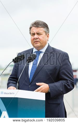 BERLIN GERMANY - JUNI 01 2016: Speech by Sigmar Gabriel Minister for Economic Affairs and Energy. Exhibition ILA Berlin Air Show 2016