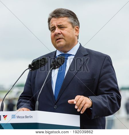 BERLIN GERMANY - JUNI 01 2016: Speech by Sigmar Gabriel Minister for Economic Affairs and Energy. Exhibition ILA Berlin Air Show 2016
