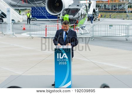 BERLIN GERMANY - JUNI 01 2016: Speech by Sigmar Gabriel Minister for Economic Affairs and Energy. Exhibition ILA Berlin Air Show 2016