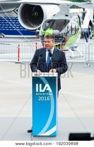 BERLIN GERMANY - JUNI 01 2016: Speech by Sigmar Gabriel Minister for Economic Affairs and Energy. Exhibition ILA Berlin Air Show 2016