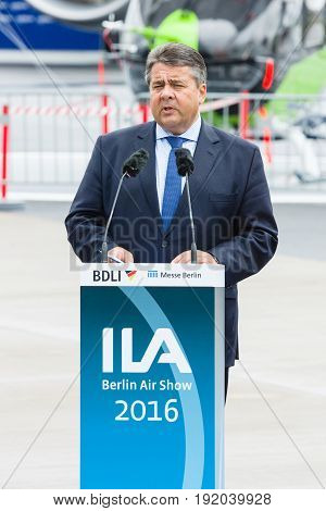BERLIN GERMANY - JUNI 01 2016: Speech by Sigmar Gabriel Minister for Economic Affairs and Energy. Exhibition ILA Berlin Air Show 2016