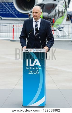 BERLIN GERMANY - JUNI 01 2016: Speech by Dietmar Woidke Minister President of Brandenburg. Exhibition ILA Berlin Air Show 2016
