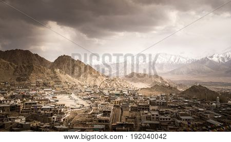 Leh palace, Old town Leh in evening light, Ladakh, India. Soft focus