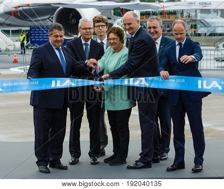 BERLIN GERMANY - JUNI 01 2016: Minister for Economic Affairs and Energy Sigmar Gabriel and accompanying persons opened Exhibition ILA Berlin Air Show.
