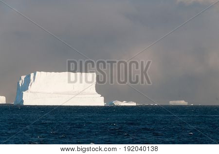 Giant tabular icebergs floating in the Weddell Sea, in Antarctica.