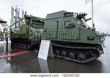 BERLIN GERMANY - JUNE 01 2016: IRIS-T SLS launching station with command and fire-control system of the company Diehl Defence. Exhibition ILA Berlin Air Show 2016