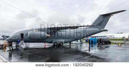 BERLIN GERMANY - JUNE 01 2016: Military transport aircraft Antonov An-178. Exhibition ILA Berlin Air Show 2016